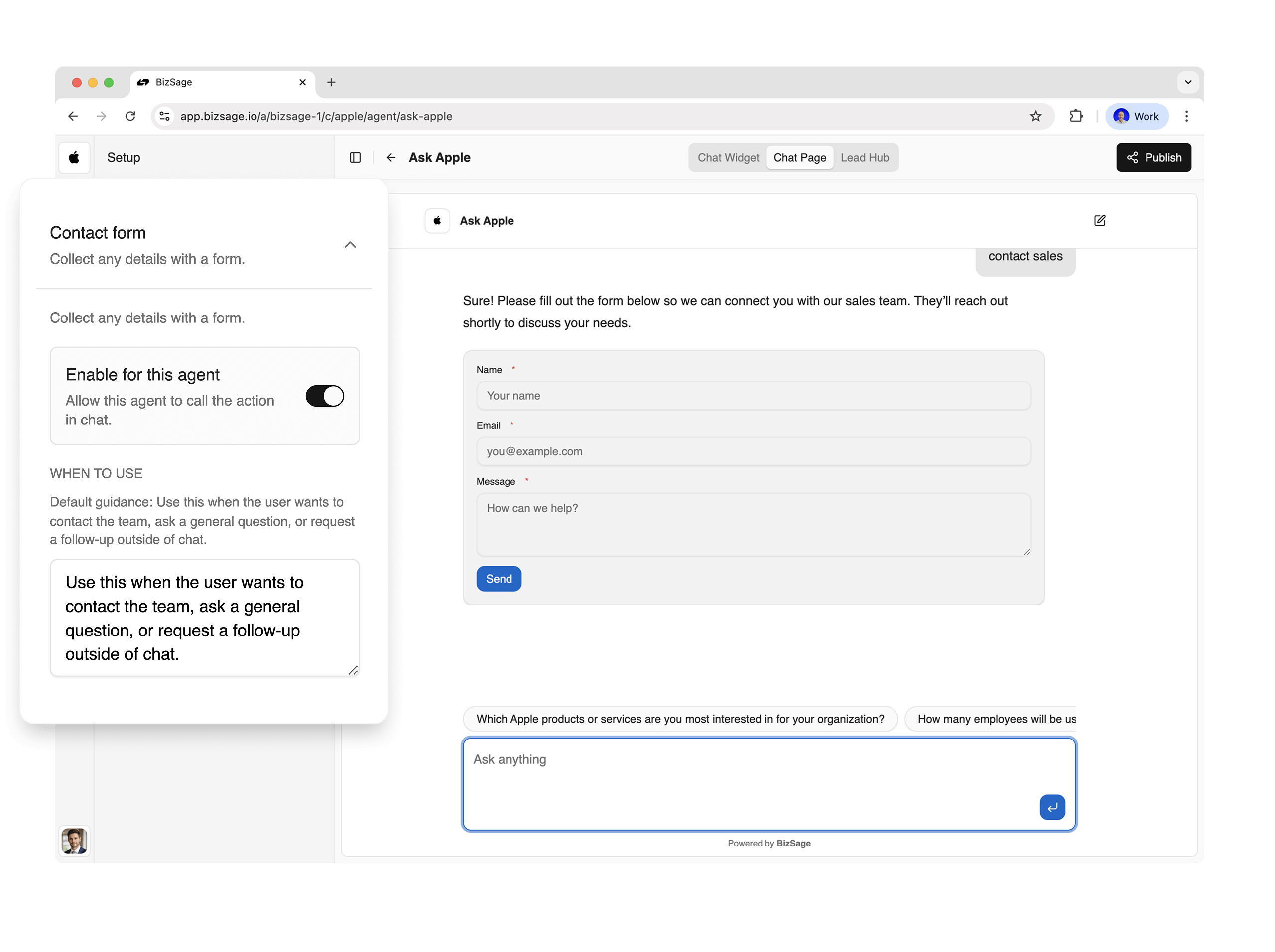 BizSage actions panel showing a lead capture form inside the chat widget