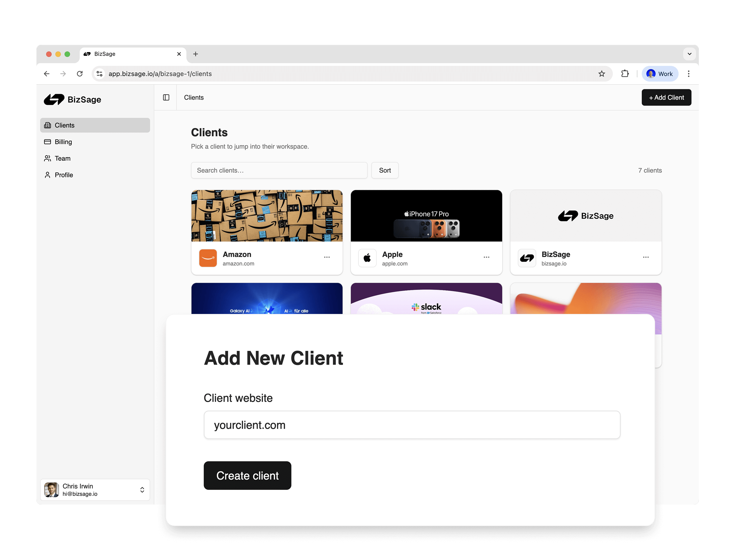 BizSage dashboard screen showing the “Add New Client” flow in the agency workspace