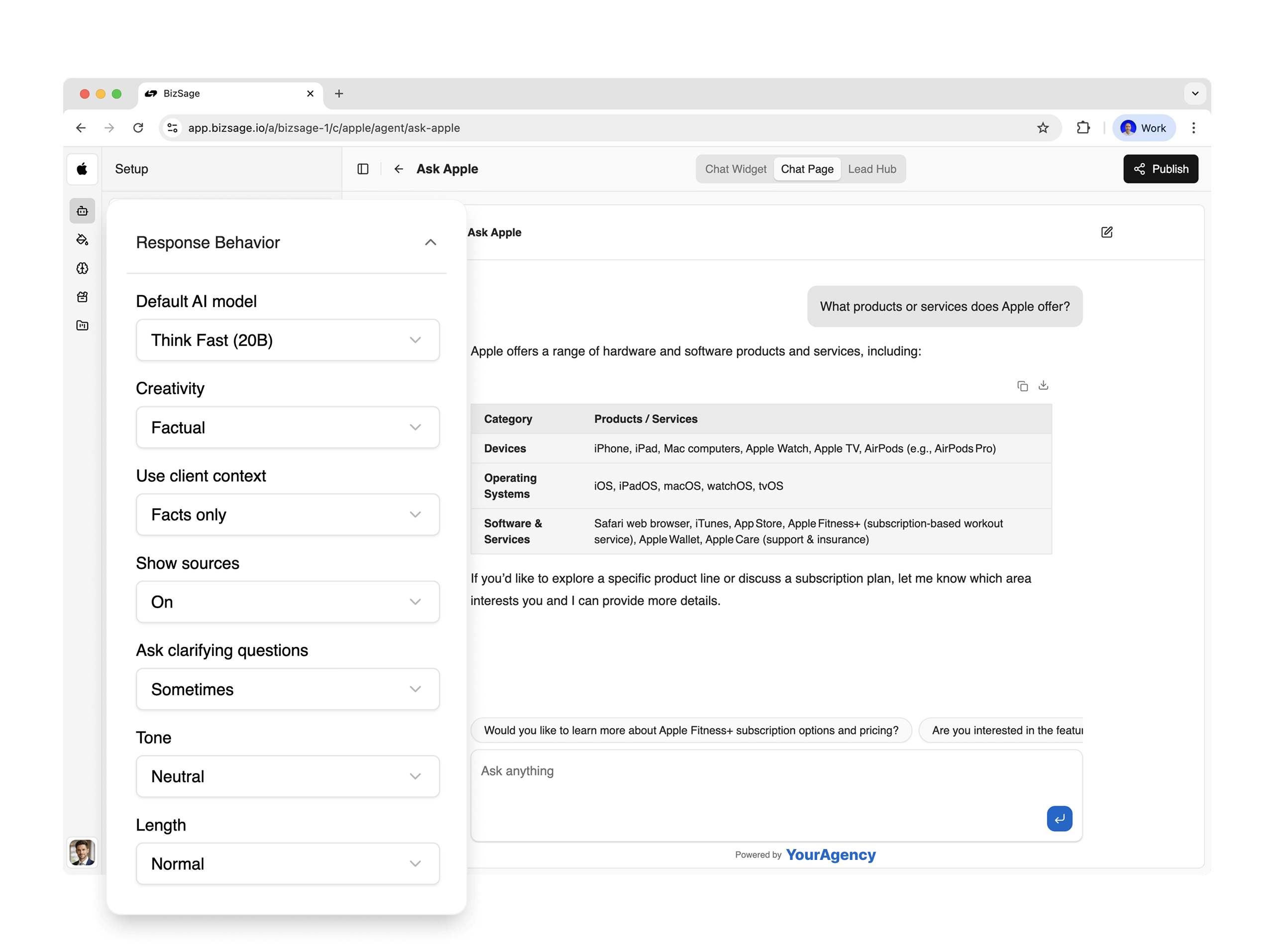 BizSage agent builder settings screen for tone, rules, and agent response behavior