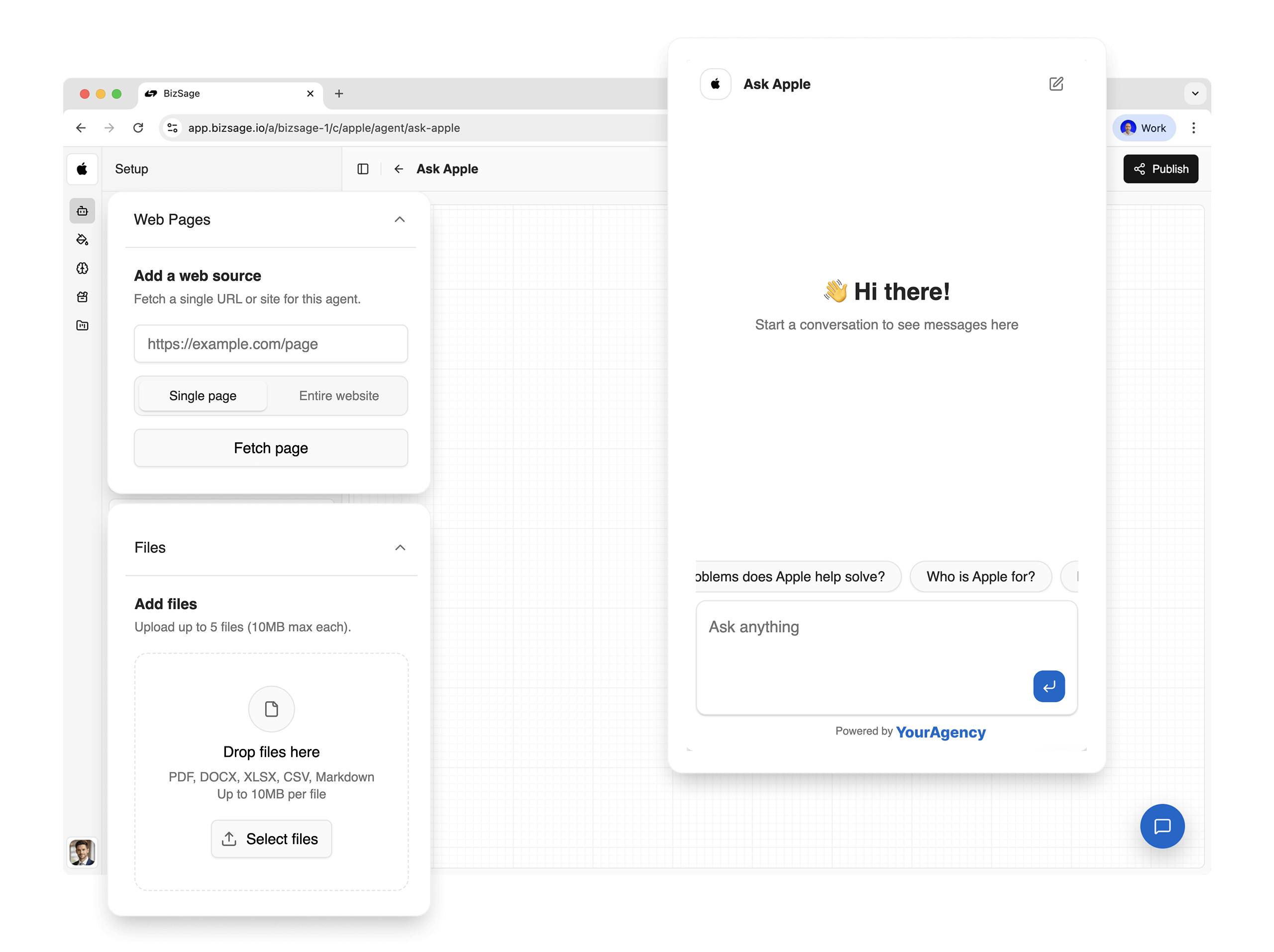 BizSage agent builder with chat widget setup and live preview for a client website