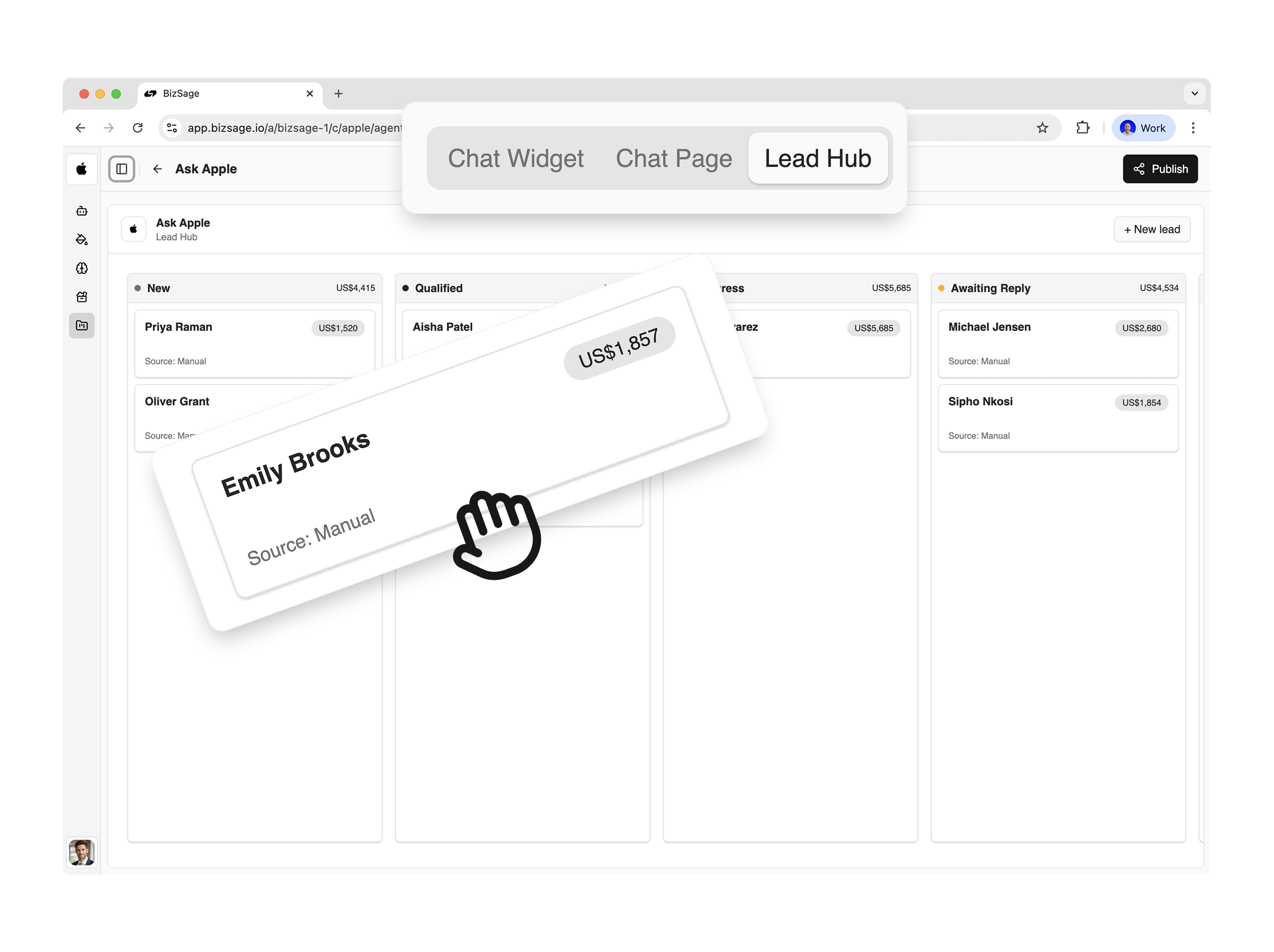 BizSage lead hub board showing captured leads and activity from the AI agent